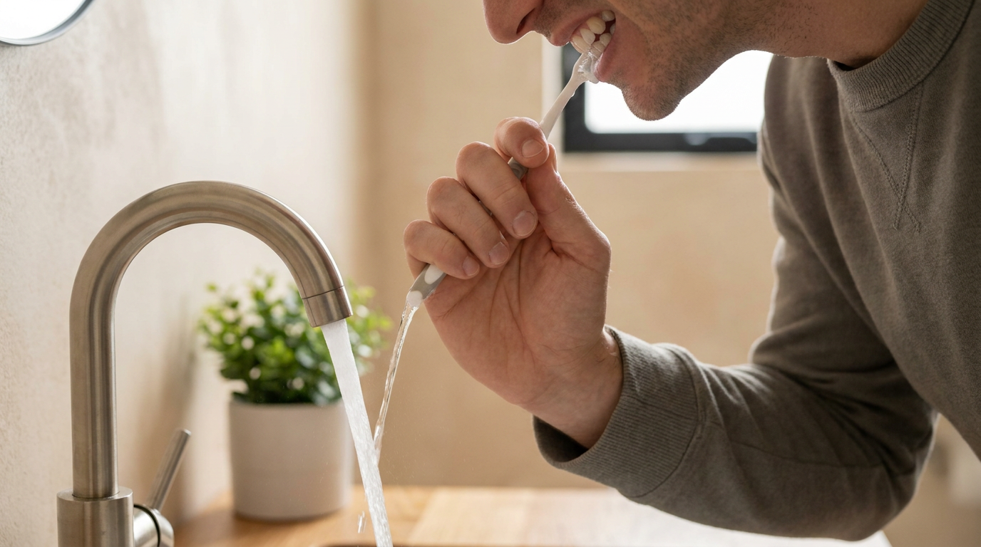 Photorealistic lifestyle dental scene of a close-up on a toothbrush gently cleaning teeth, with a hand holding the brush under a soft stream of water from a
