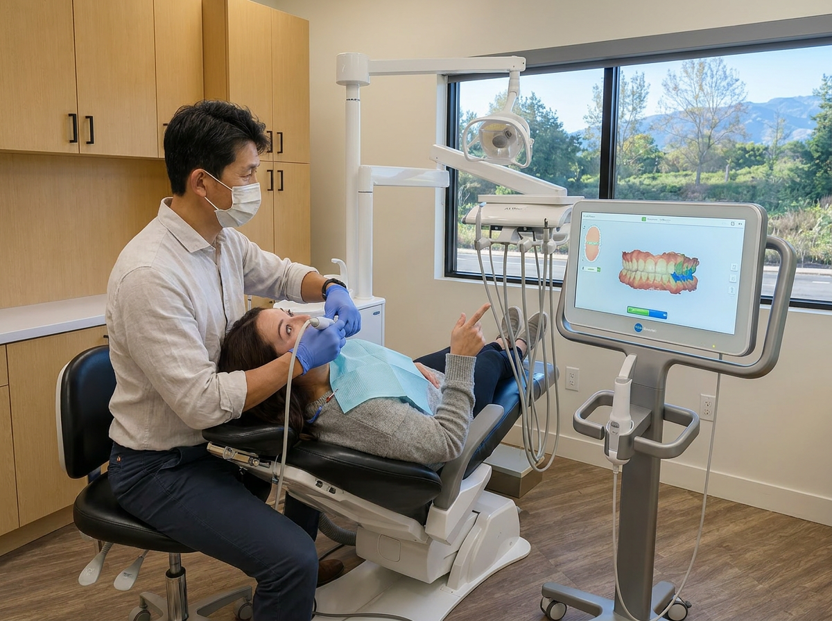 Dr. Choi performs an intraoral scan for clear aligners, patient watches 3D dental arch appear on screen.