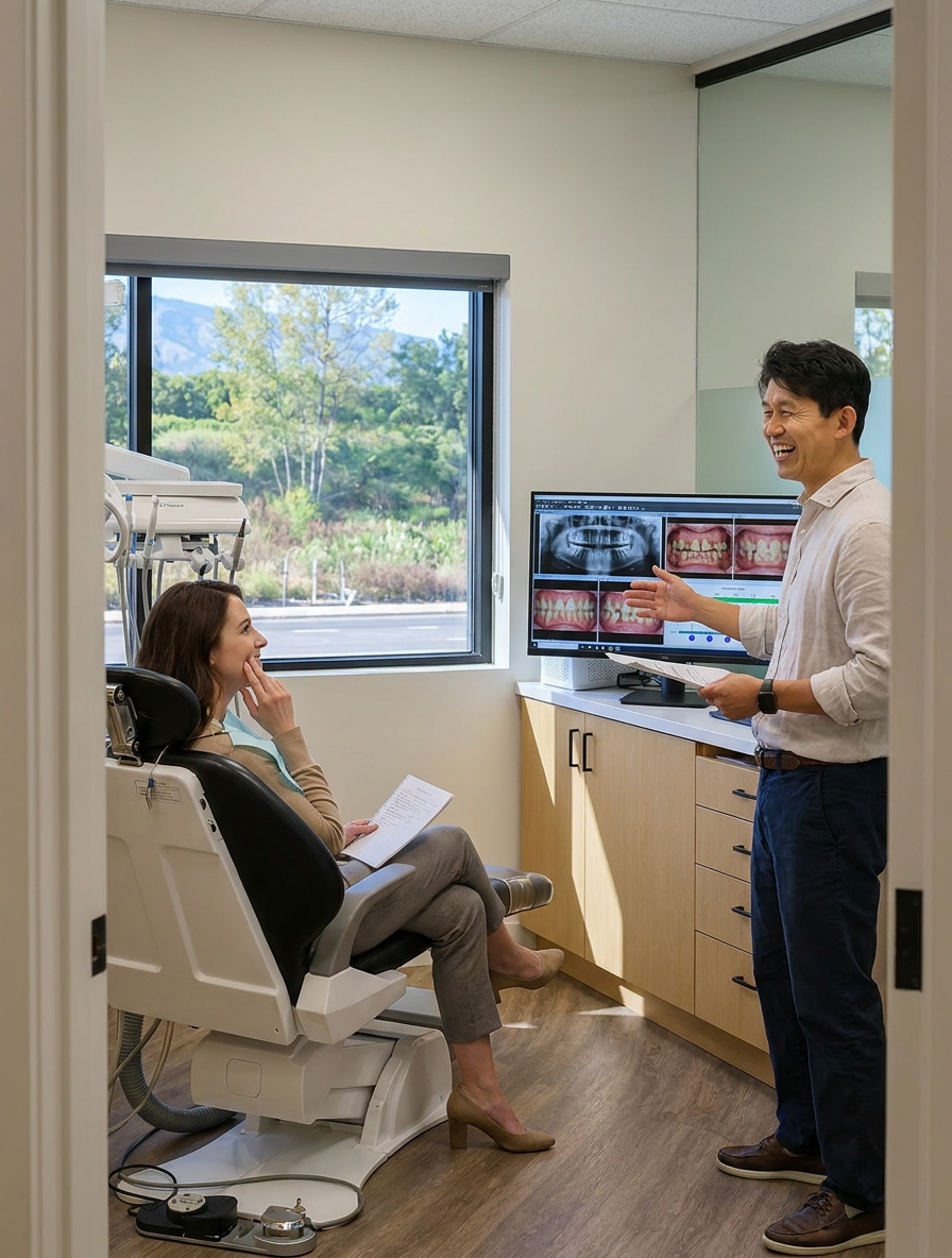 Dr. Choi presents a comprehensive oral analysis for full mouth reconstruction, showing interconnected dental issues on a monitor.