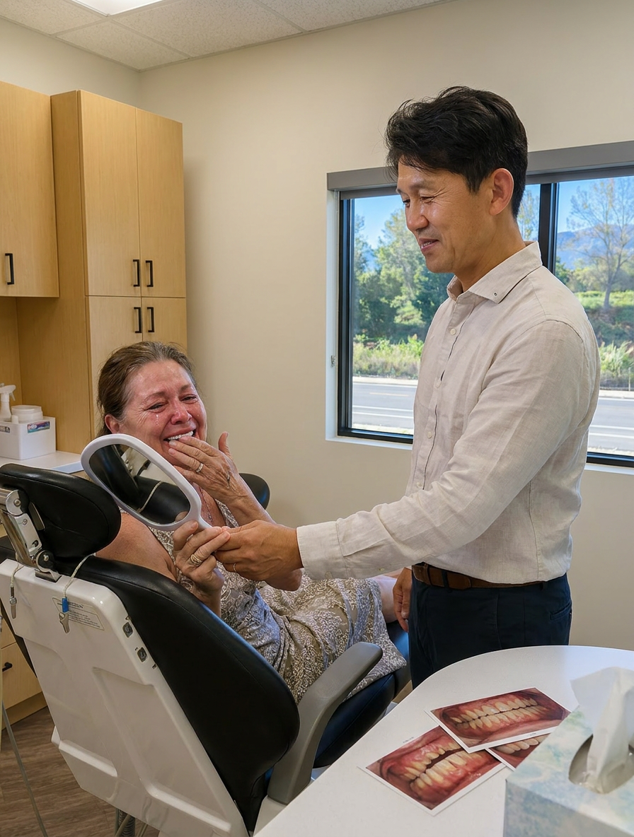 Dr. Choi presents a mirror to a patient seeing their complete full mouth reconstruction for the first time, tears of joy streaming.