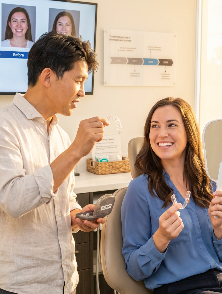 Patient smiling while comparing clear aligners during a consultation, as a dentist explains the treatment and holds an aligner tray in a modern dental office.