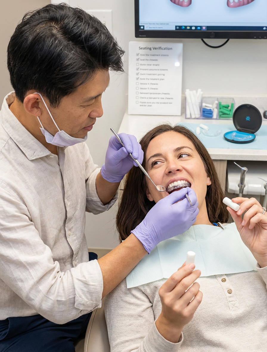 Dentist performing a clear aligner fit check while examining a smiling patient in the dental chair, using a dental mirror in a modern treatment room.