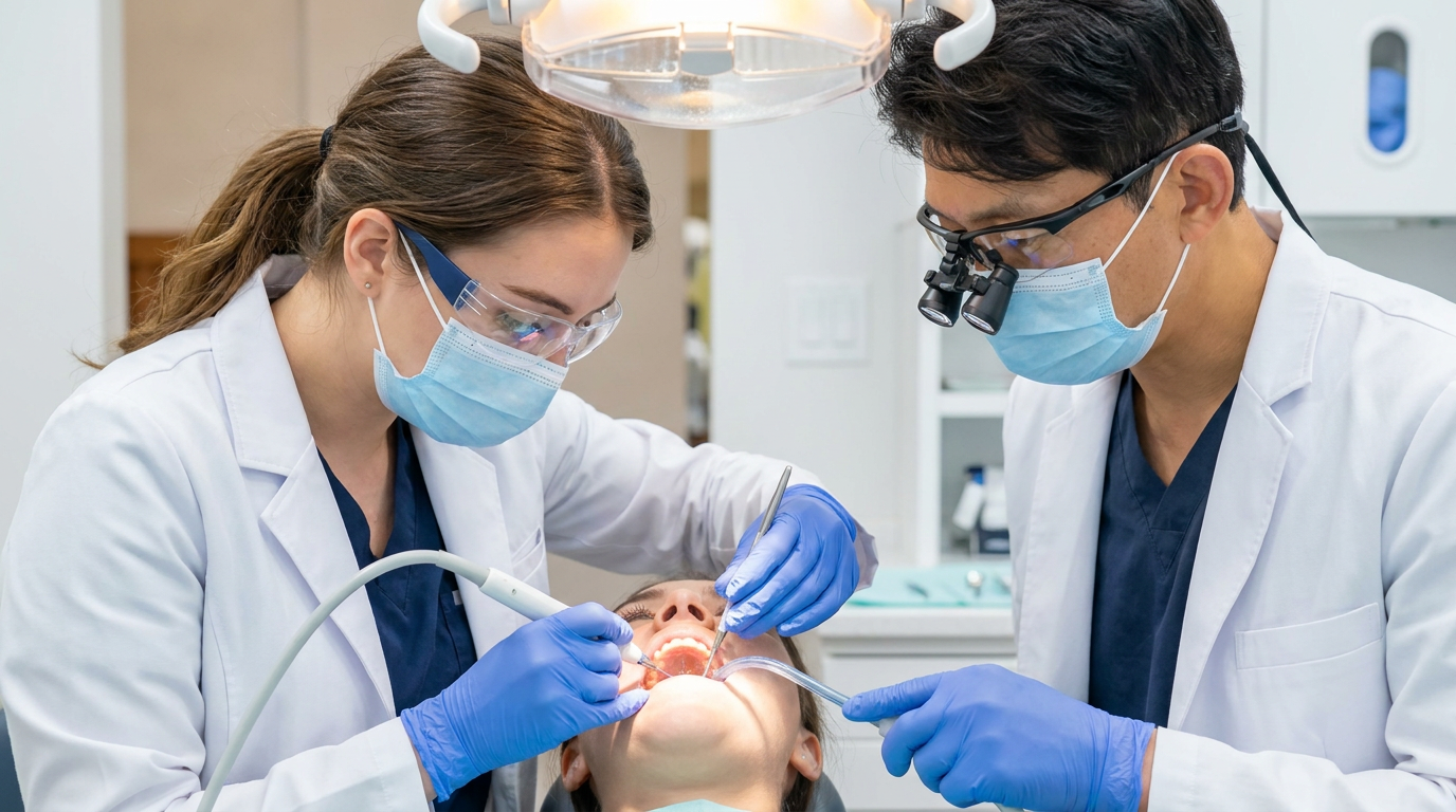 A detailed view of a dental hygienist, Chloe, carefully using an ultrasonic scaler on a patient's lower teeth, with water spray visible and a suction tool nearby.