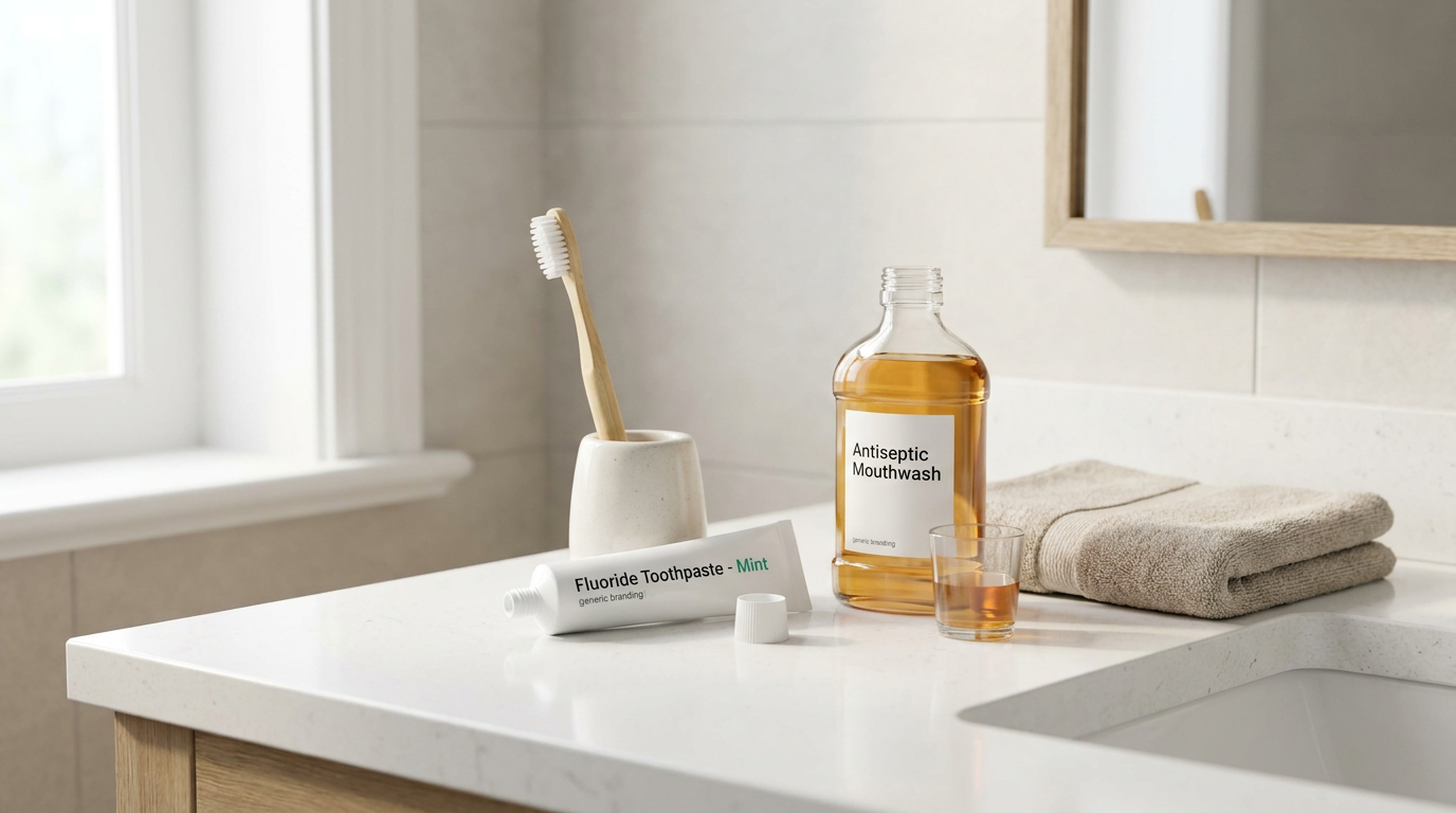 A bathroom counter with a new, soft-bristled toothbrush, a tube of fluoride toothpaste, and a bottle of antiseptic mouthwash neatly arranged, emphasizing post-cleaning oral hygiene.