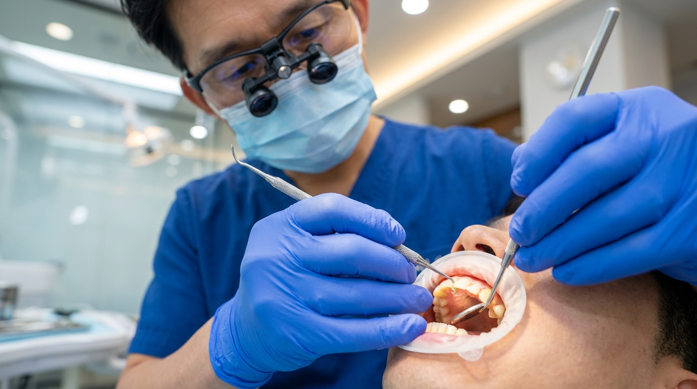 A close-up of a dentist's hands, Dr. Kyung Choi, wearing blue medical gloves, gently holding a scaler instrument near a patient's gumline, demonstrating the precision of a deep teeth cleaning.