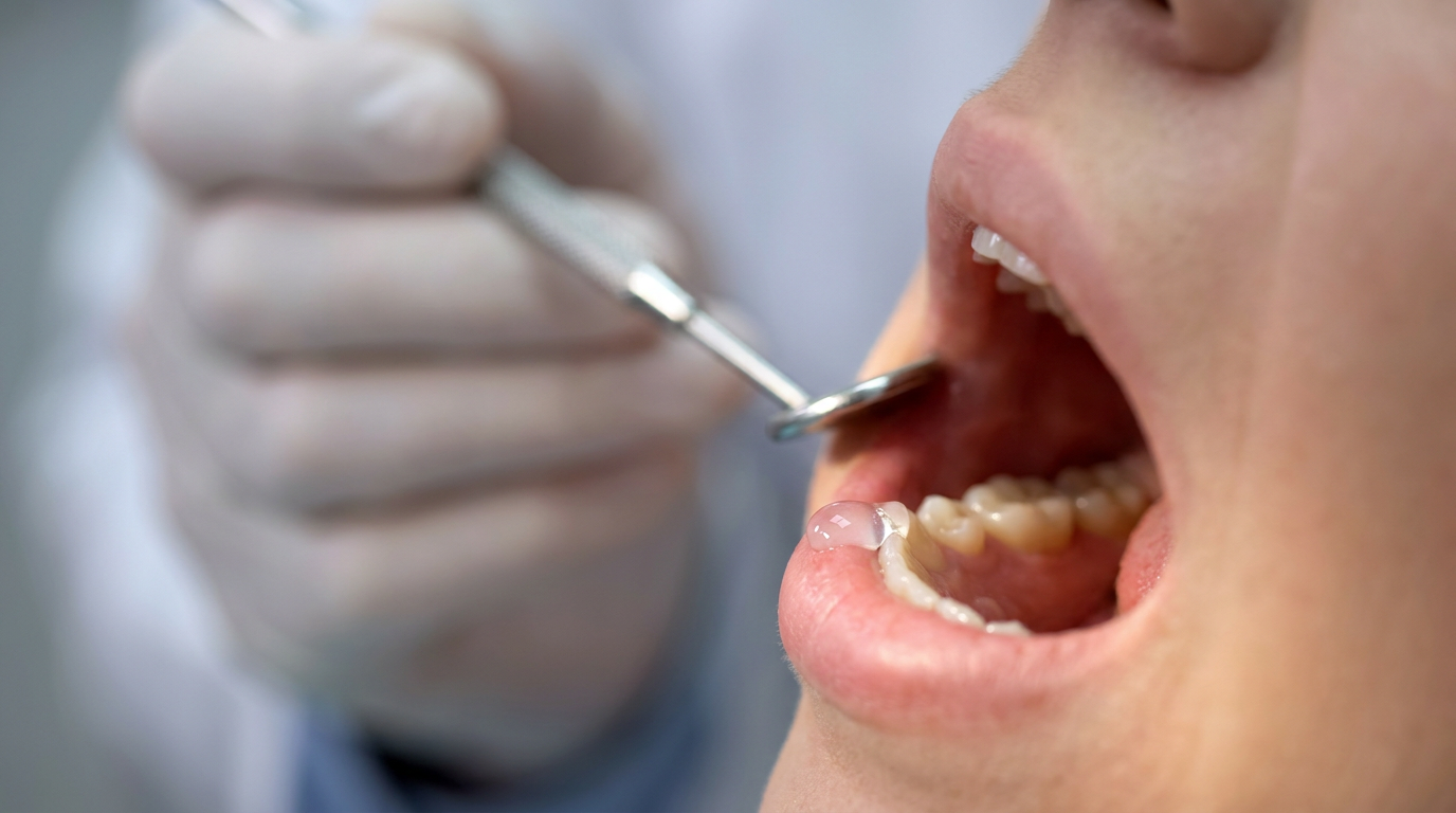 A patient's mouth with a small, clear topical anesthetic applied to the gum area, just before a dental procedure.