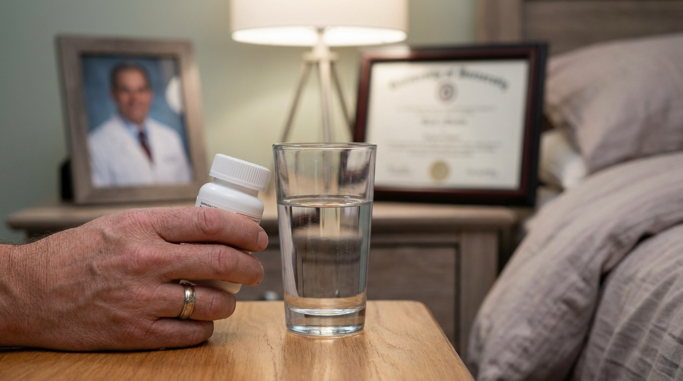A close-up of a person's hand holding a small, white plastic container of over-the-counter pain relievers next to a glass of water on a bedside table, suggesting post-procedure discomfort management.