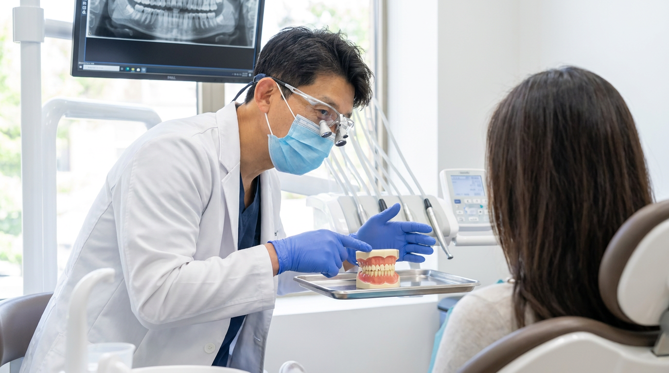 Dr. Kyung Choi, is seen from a three-quarter angle, leaning in slightly to explain something to a patient whose back is to the camera, gesturing towards a dental model on a small tray in a modern, clean dental operatory.