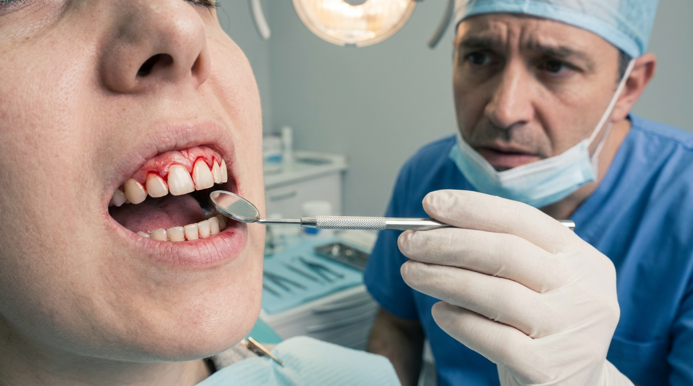 A close-up of a person's mouth showing red, swollen gums that are slightly bleeding around the teeth.