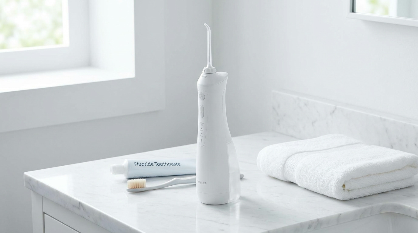 A white water flosser, a tube of fluoride toothpaste, a toothbrush, and a folded white towel sit on a white marble bathroom counter with a window in the background.