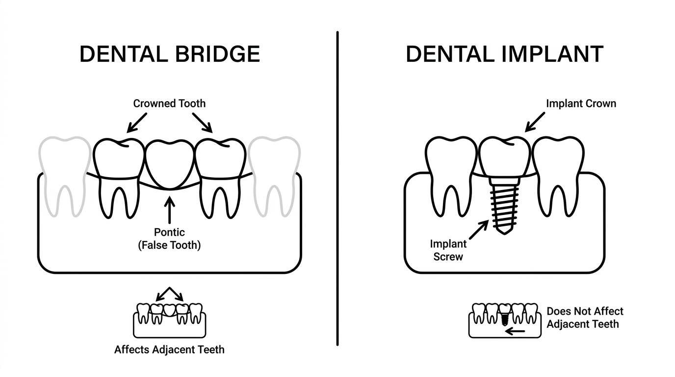 A black and white line art illustration compares a dental bridge and a dental implant, showing a bridge with a false tooth supported by crowned adjacent teeth, and an implant with a screw and crown replacing a single tooth.