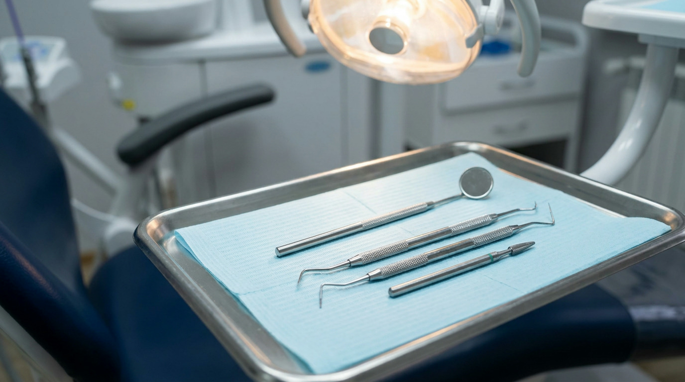 A metal tray holds four gleaming dental instruments, including a mirror, on a light blue mat, positioned in front of a blue dental chair under a bright overhead light in a dental operatory.