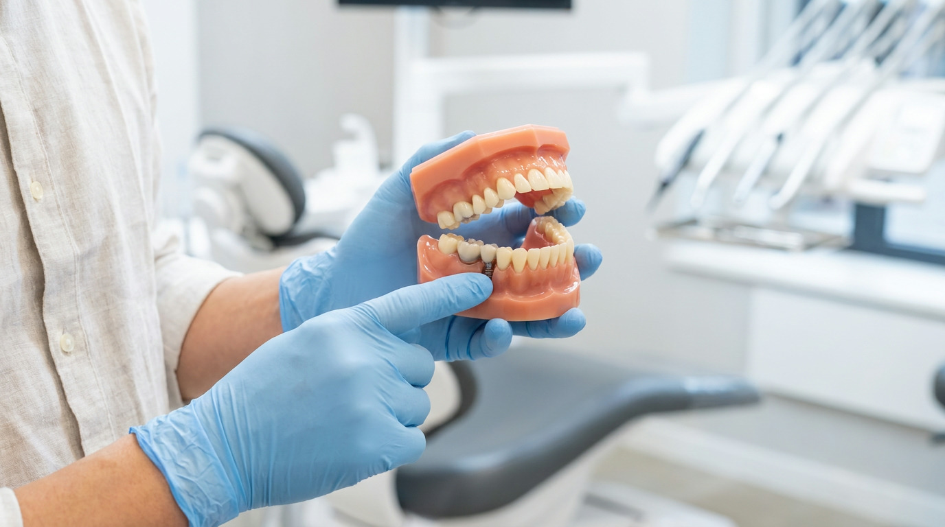 Hands in blue gloves hold a dental model of a full jaw with an implant, pointing to the implant-supported section, in a blurred dental operatory.