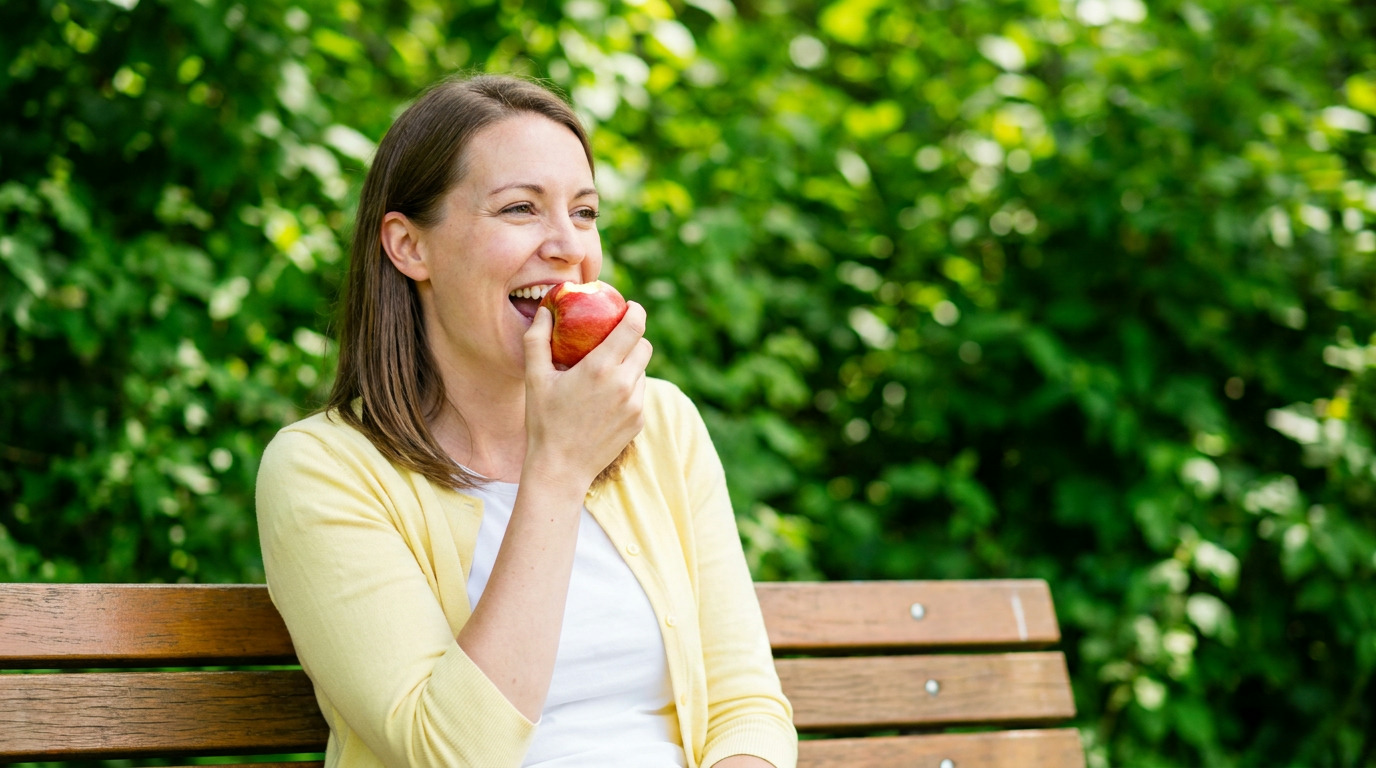 Rachel sits on a wooden park bench, happily biting into a red apple, wearing a yellow cardigan and white shirt, with lush green foliage in the background.