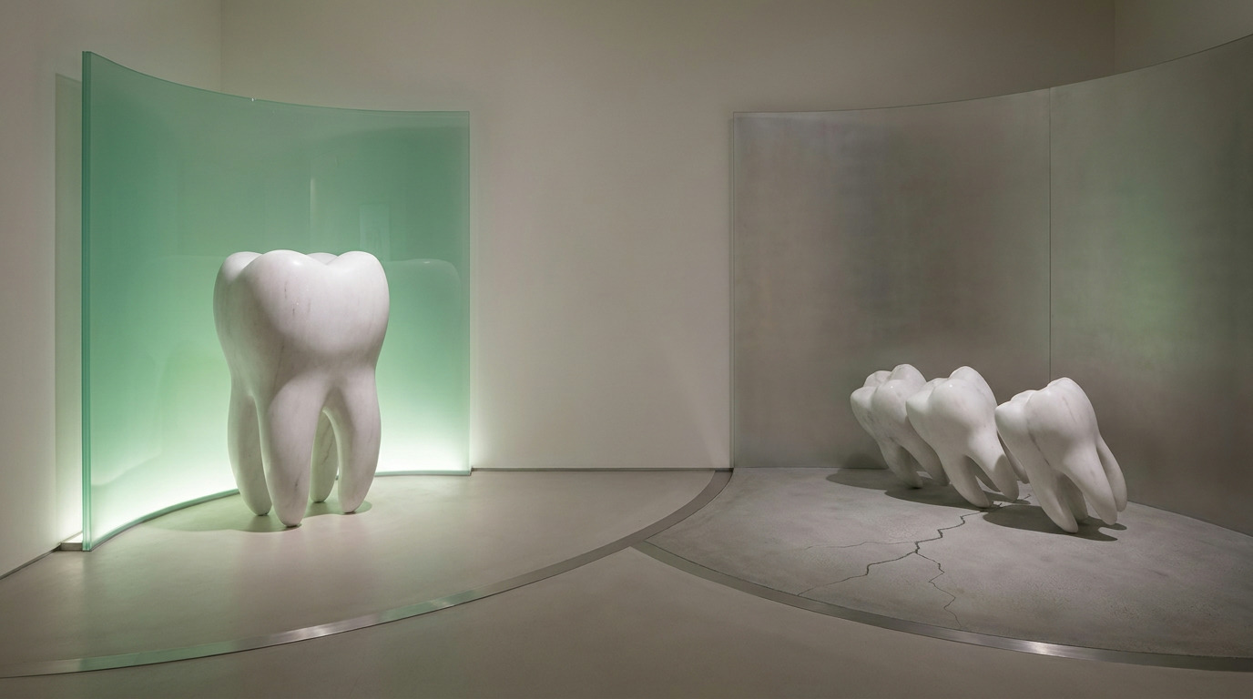 A large white tooth sculpture stands brightly lit against a green curved wall, while three smaller white tooth sculptures lean on a cracked gray floor against a gray curved wall.