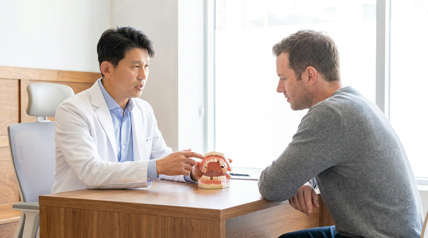 Dr. Kyung Choi, wearing a white lab coat, sits at a wooden desk, pointing to a dental model with missing teeth while speaking to a man in a gray sweater who is listening attentively.