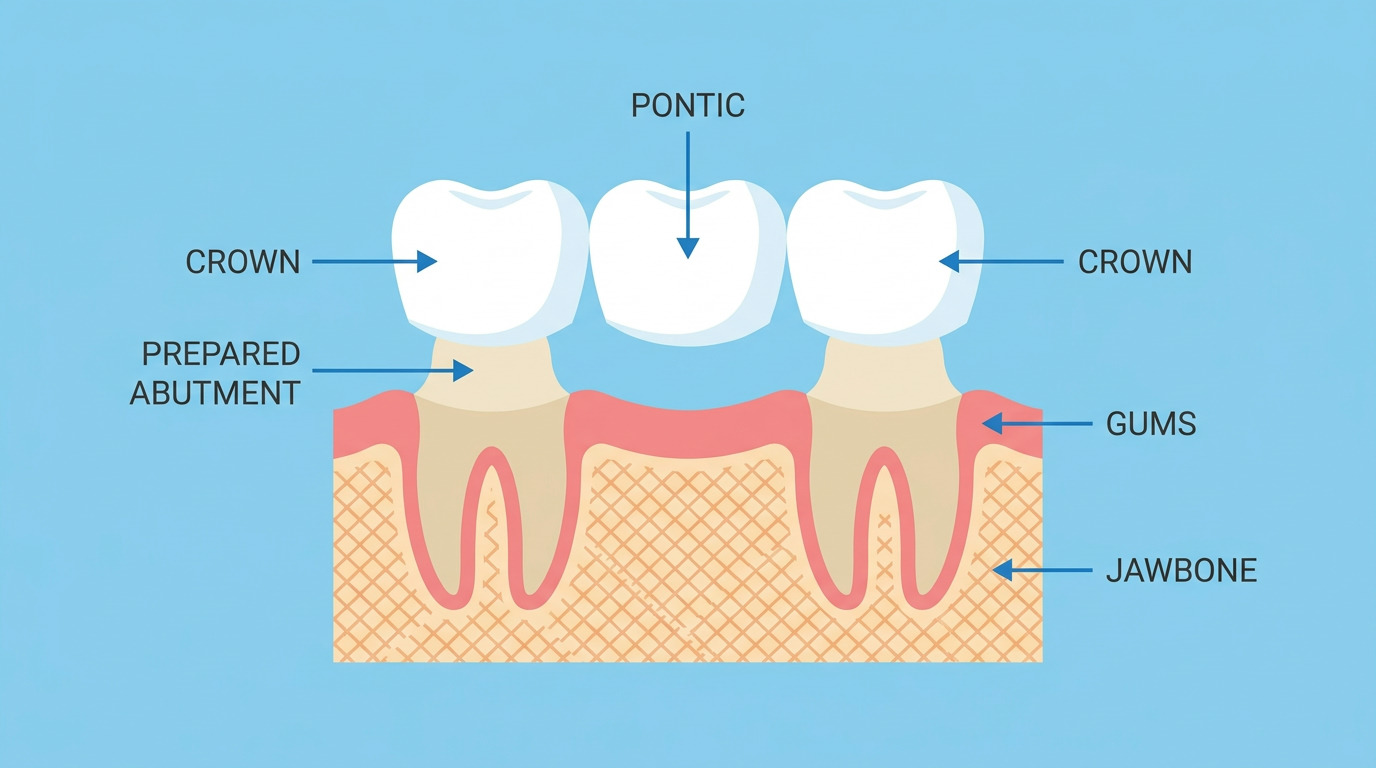 An illustration of a dental bridge showing two crowns on prepared abutments, a central pontic, gums, and jawbone, with labels for each part.