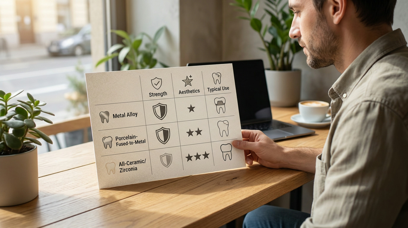 A man in a tan shirt holds a comparison chart for dental crown materials at a wooden table with a laptop, coffee, and plants, next to a window.
