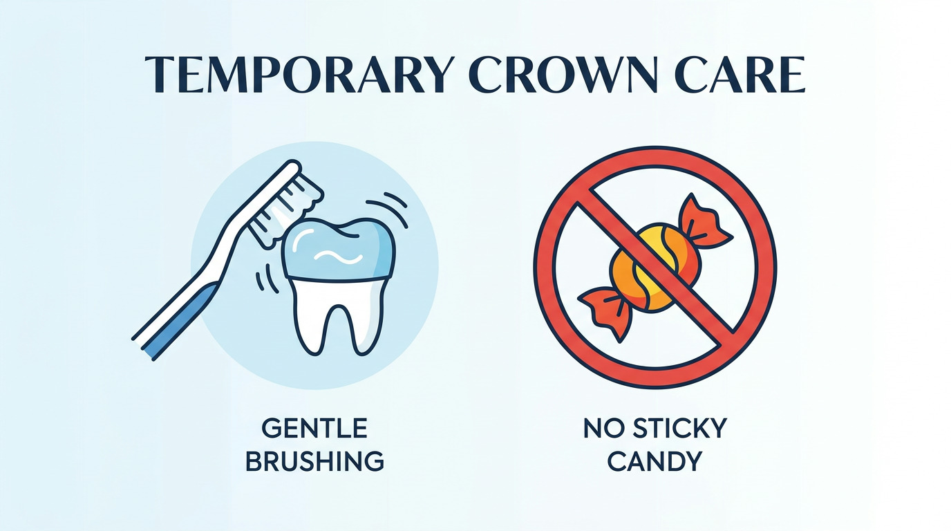 An illustration shows a toothbrush gently brushing a tooth and a red circle with a line through a wrapped candy, with text "Temporary Crown Care.