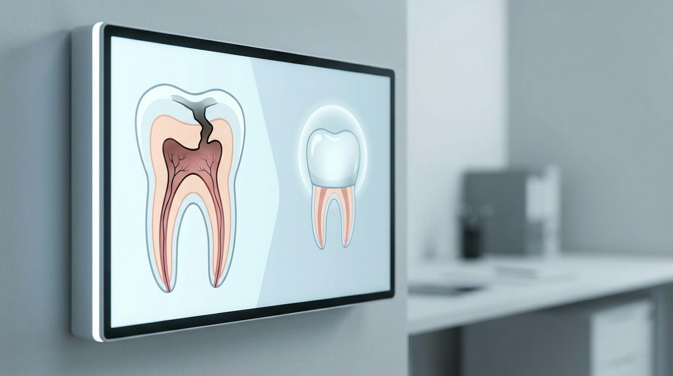 A digital display on a wall shows an illustration of a tooth cross-section with decay and an illustration of a tooth with a crown, in a blurred office setting.