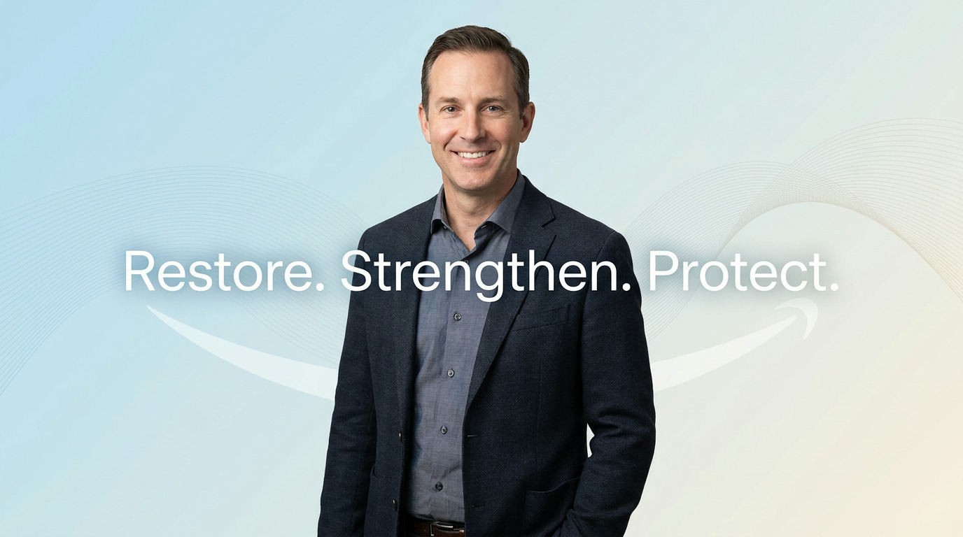 A man in a dark blazer and gray collared shirt smiles at the camera against a light blue and yellow gradient background with subtle wave lines and the text "Restore. Strengthen. Protect." and an Amazon smile logo.
