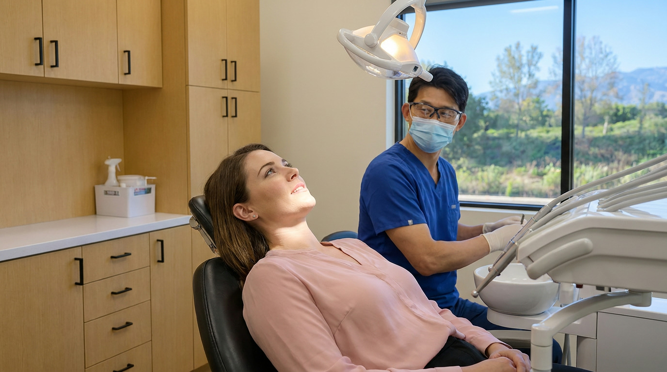 A patient in a pink shirt lies in a dental chair looking up, while a dentist in blue scrubs, mask, and gloves sits beside her, preparing instruments.