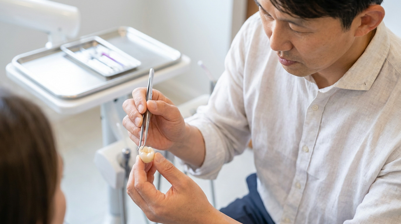 Dr. Kyung Choi, wearing a white shirt, holds a dental crown with tweezers, presenting it to a person whose back of head is visible, with a dental tray in the blurred background.