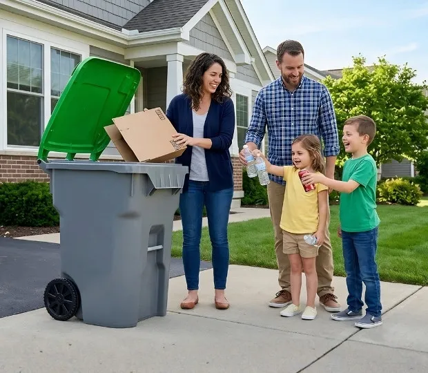 Family of four outside their home happily sorting recyclables into a large gray bin with a green lid.