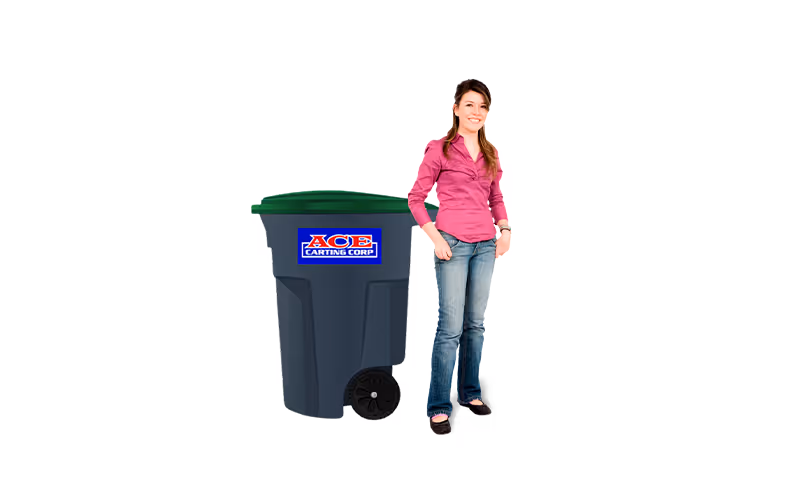 Woman standing next to a large black recycling cart with green lid and ACE Carting Corp logo.