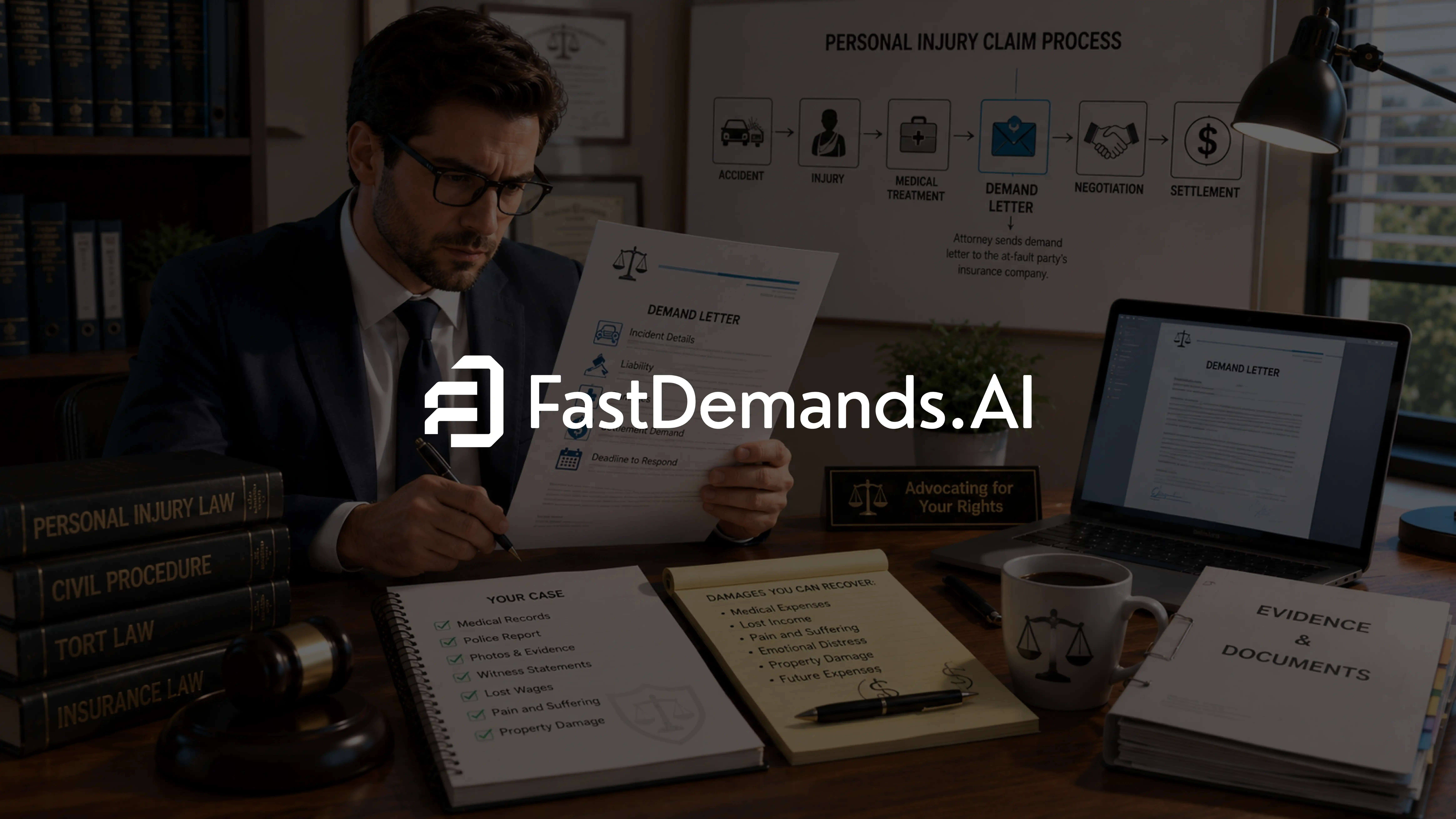 Personal injury attorney reviewing a demand letter at his desk with legal books, case documents, and a personal injury claim process chart in the background.