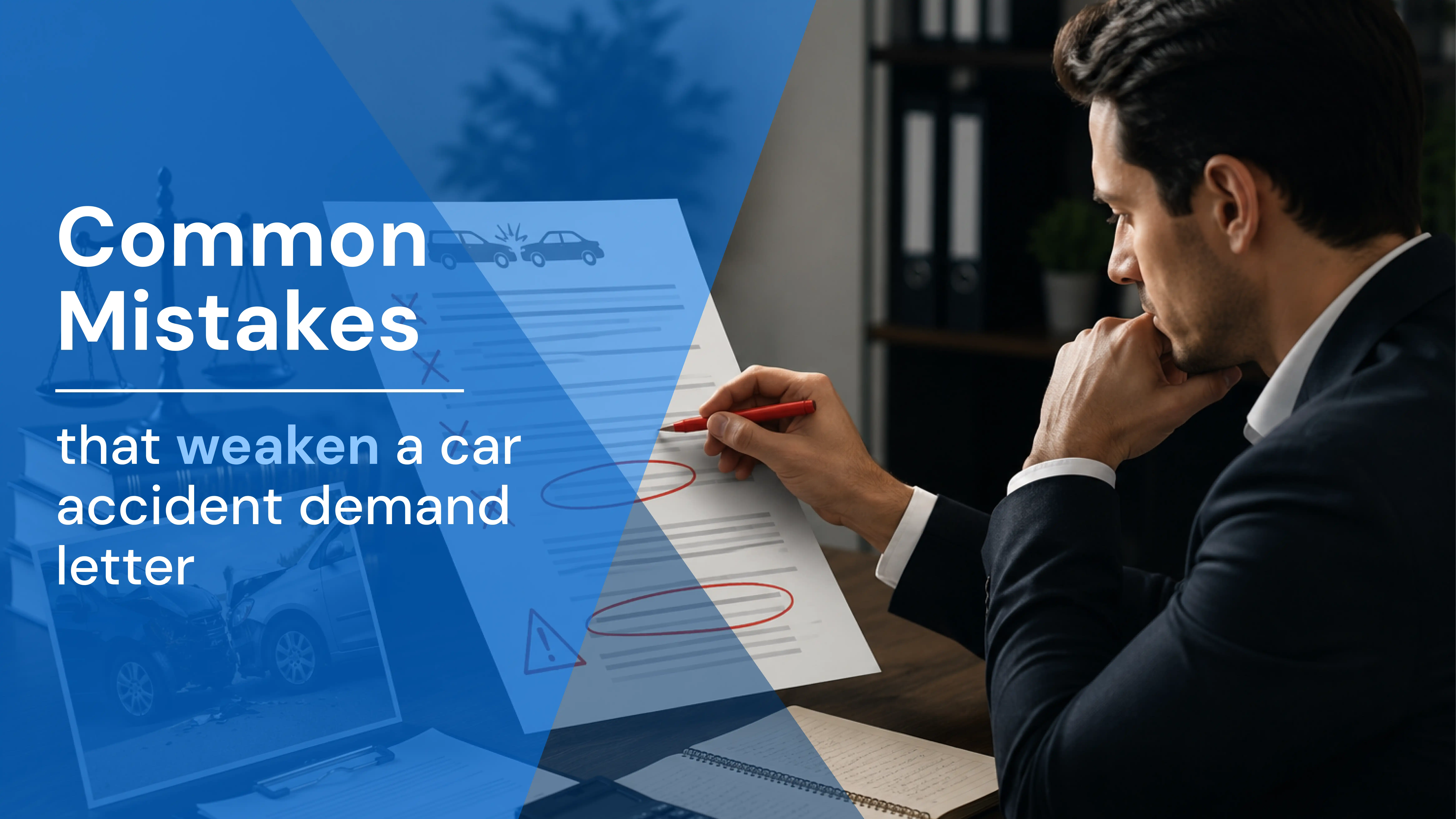 Attorney reviewing and marking errors on a car accident demand letter with red pen, common mistakes that weaken a car accident demand letter