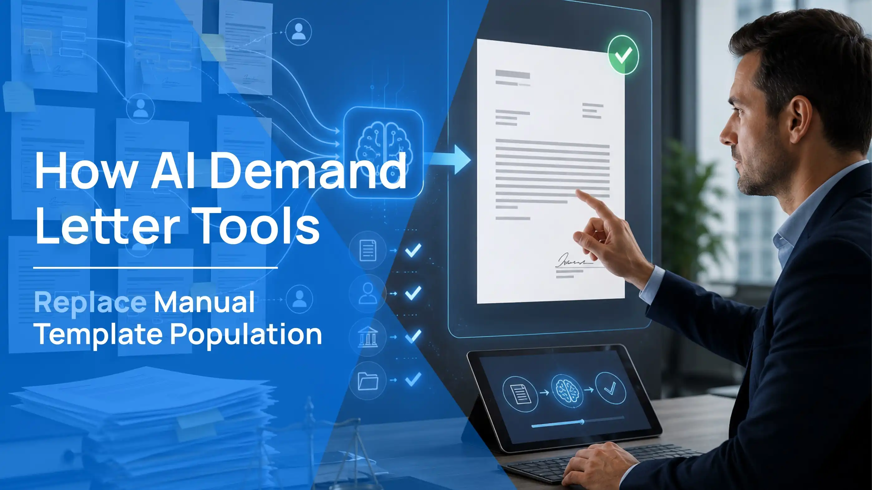 Attorney working at a desktop computer displaying the Fast Demands AI platform interface with document drafting icons, demonstrating an AI-powered letter of demand template tool