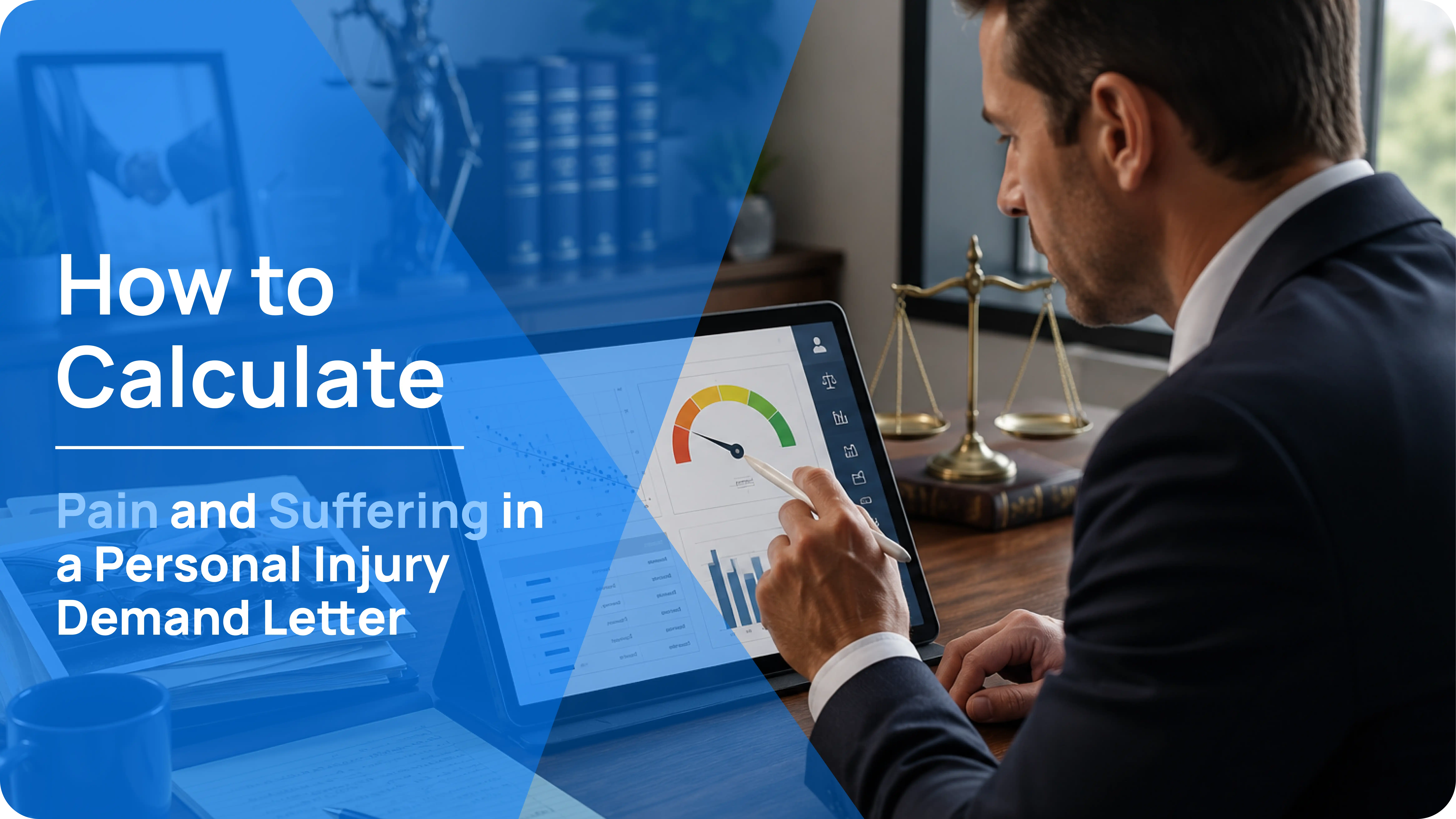 Personal injury attorney using a tablet with a damage assessment gauge and bar charts to calculate pain and suffering for a demand letter example