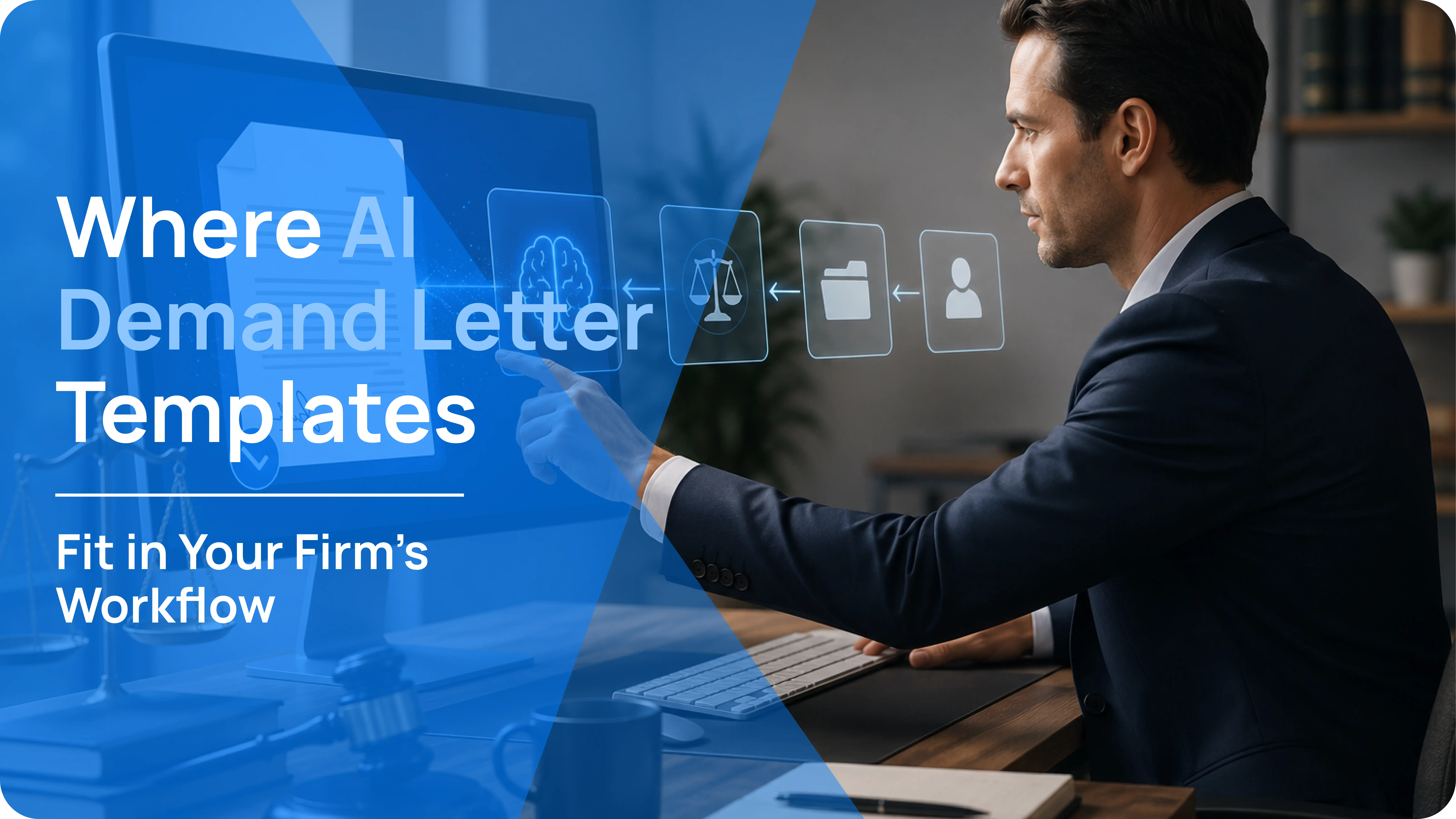 Attorney pointing at a floating workflow interface with icons for client intake, case files, legal review, and AI processing, illustrating where AI demand letter templates fit in a law firm workflow