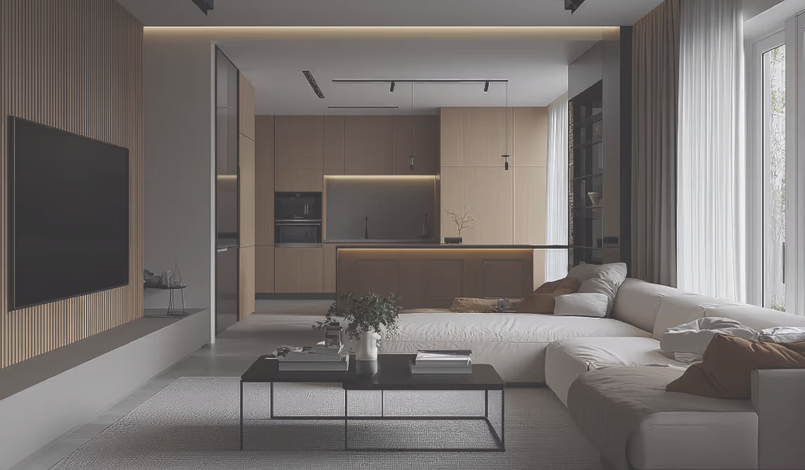 Сучасна вітальня з великим білим кутовим диваном, чорним журнальним столиком та відкритою кухнею в коричневих тонах.