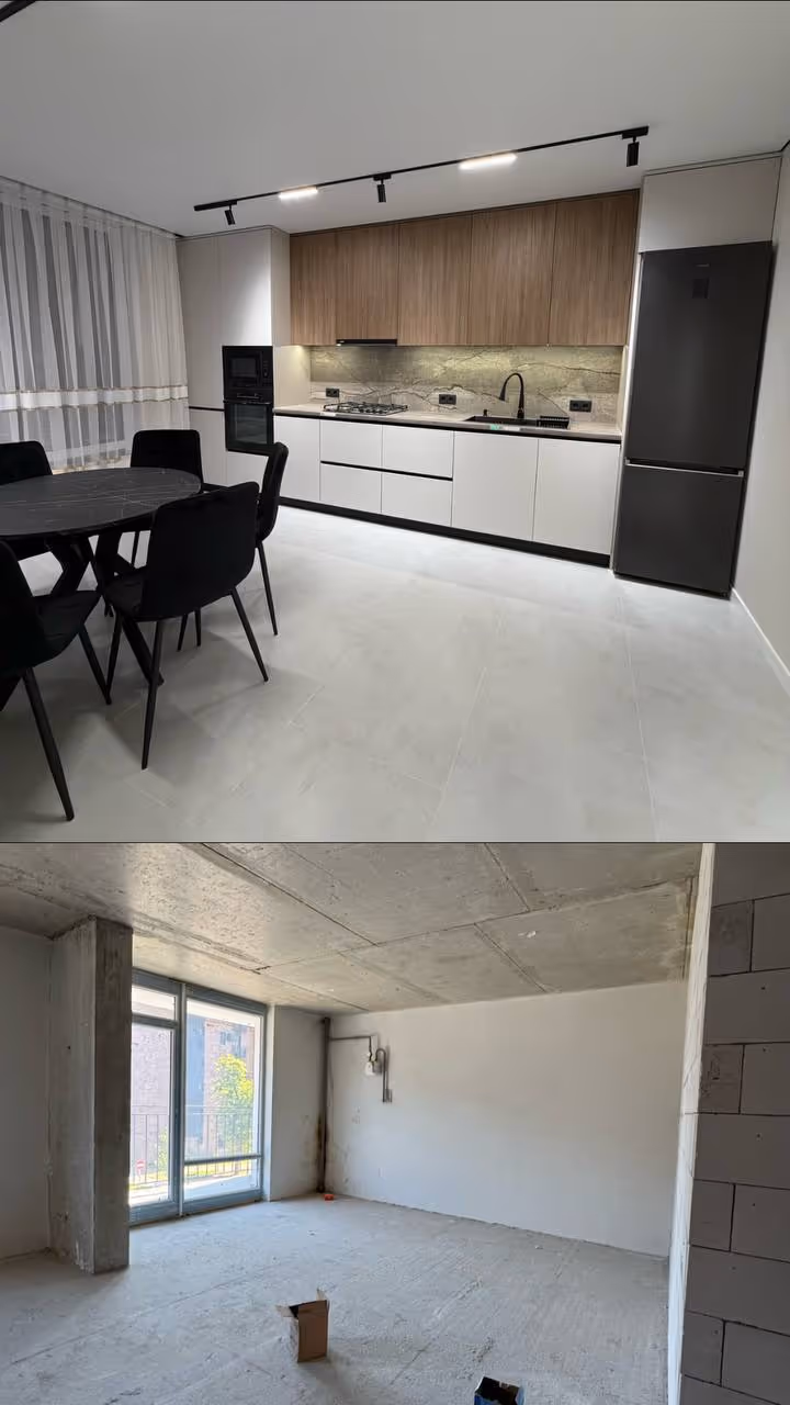 Порівняння сучасної обробленої кухні з дерев'яними та білими шафами і чорними стільцями та порожньої кімнати з необробленими бетонними стелею і підлогою, великим вікном.