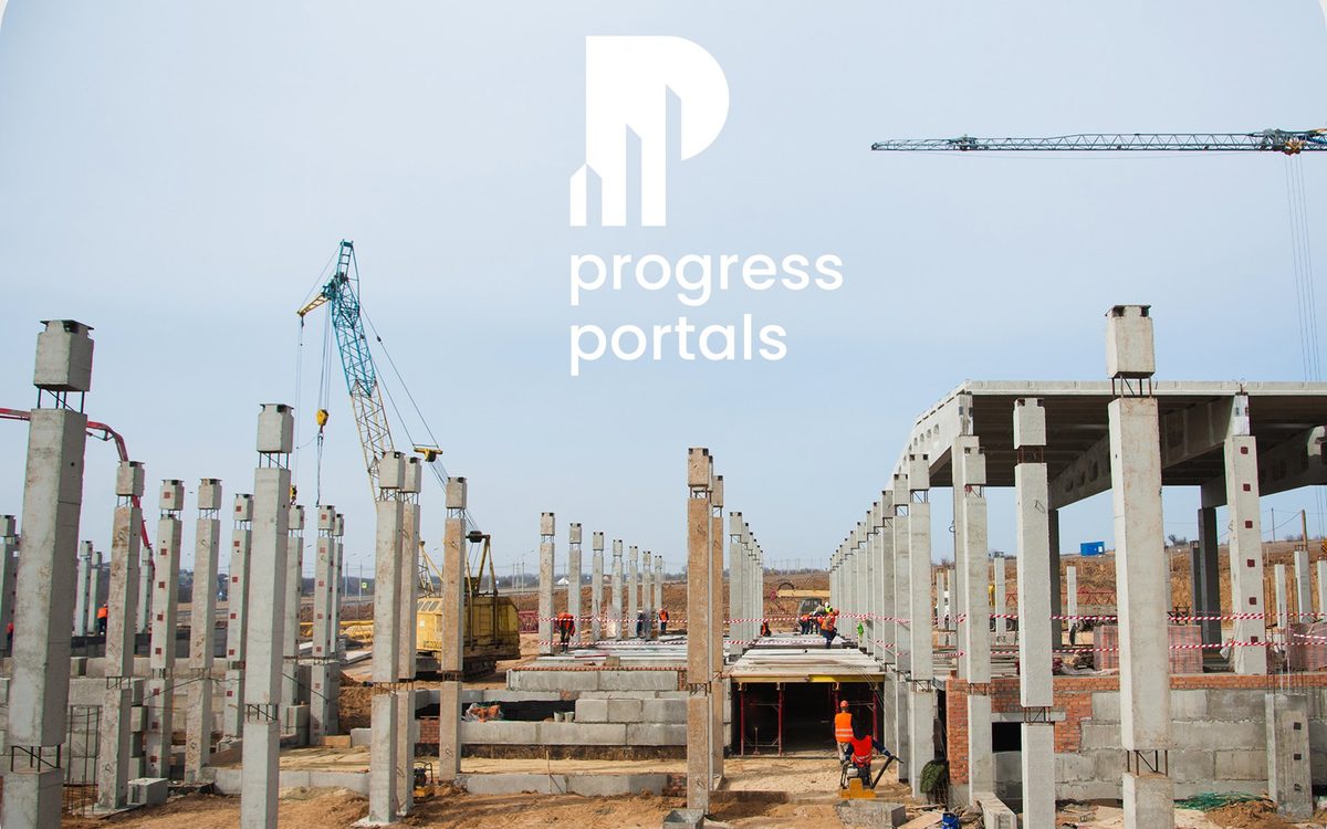 Progress Portals logo over a construction site with precast concrete columns and tower cranes