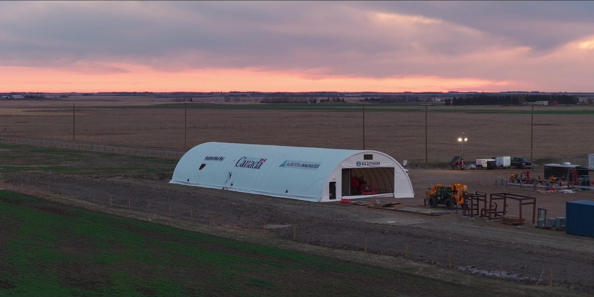 The E3 Lithium demonstration facility at dusk, Olds, Alberta