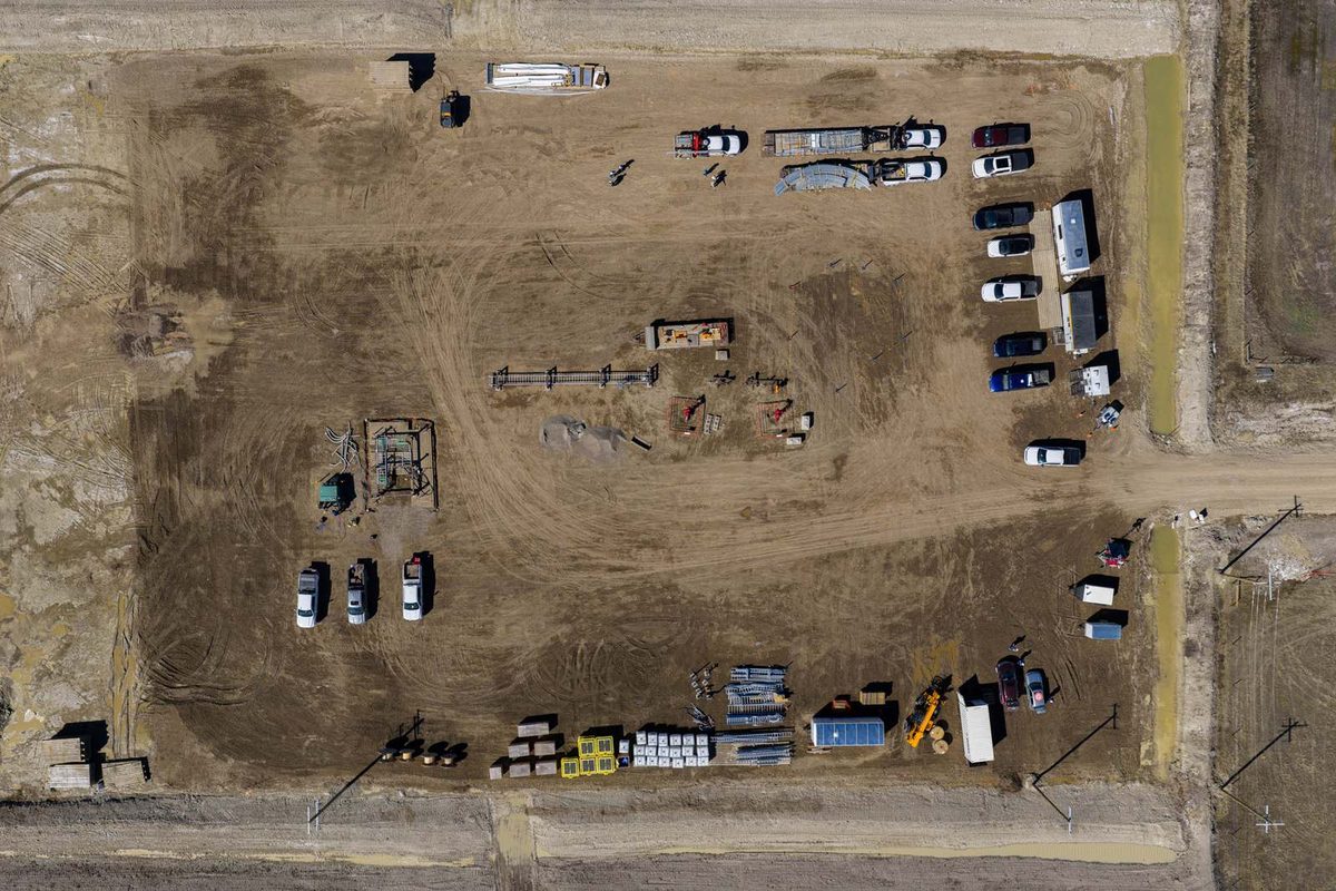 Aerial view of the E3 Lithium site near Olds, Alberta, during early works