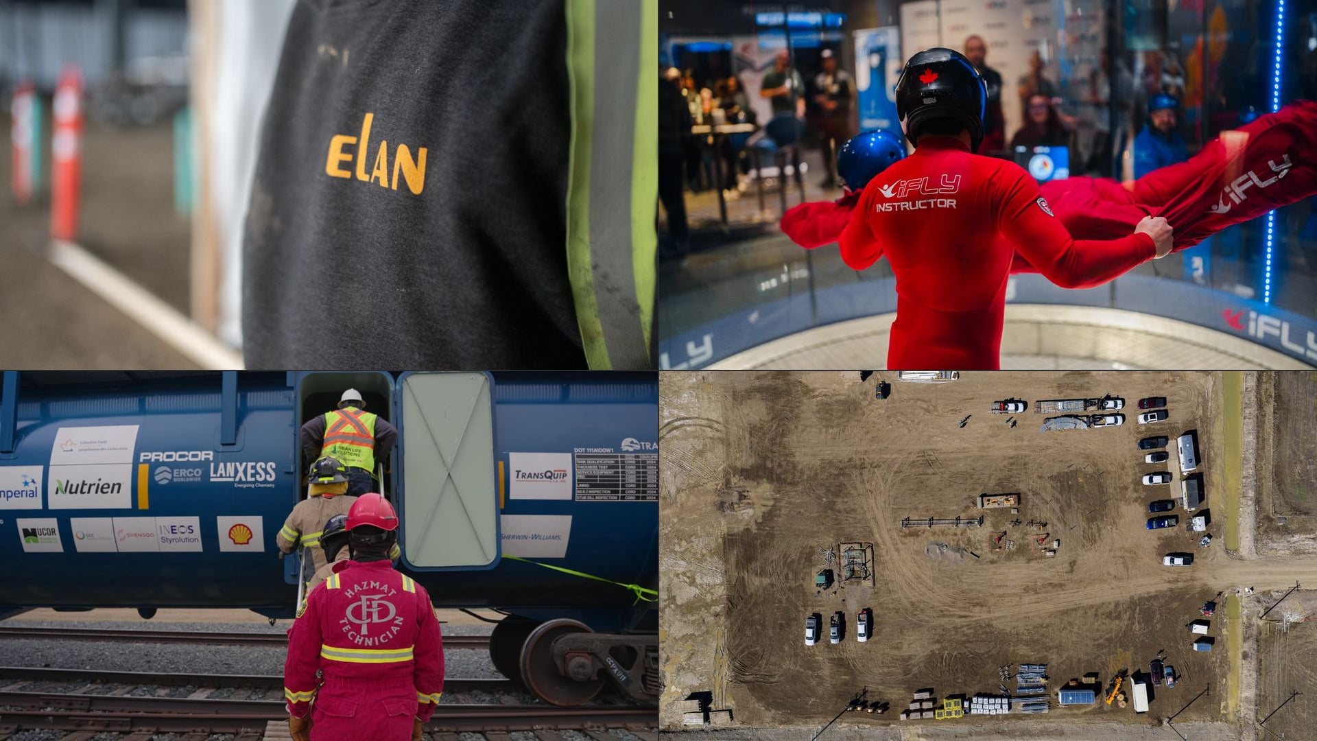 Frames from 4 Plus15 client projects: Elan Starfield, CCA Connect, CPKC HazMat Days and E3 Lithium