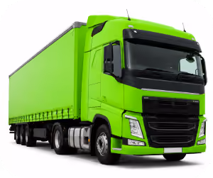 Caminhão verde grande com carreta, vista frontal e lateral direita em fundo branco.