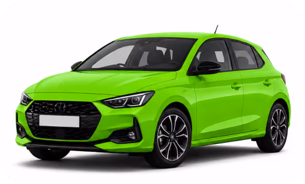 Carro hatchback verde brilhante visto de frente e ligeiramente de lado, com rodas esportivas pretas.