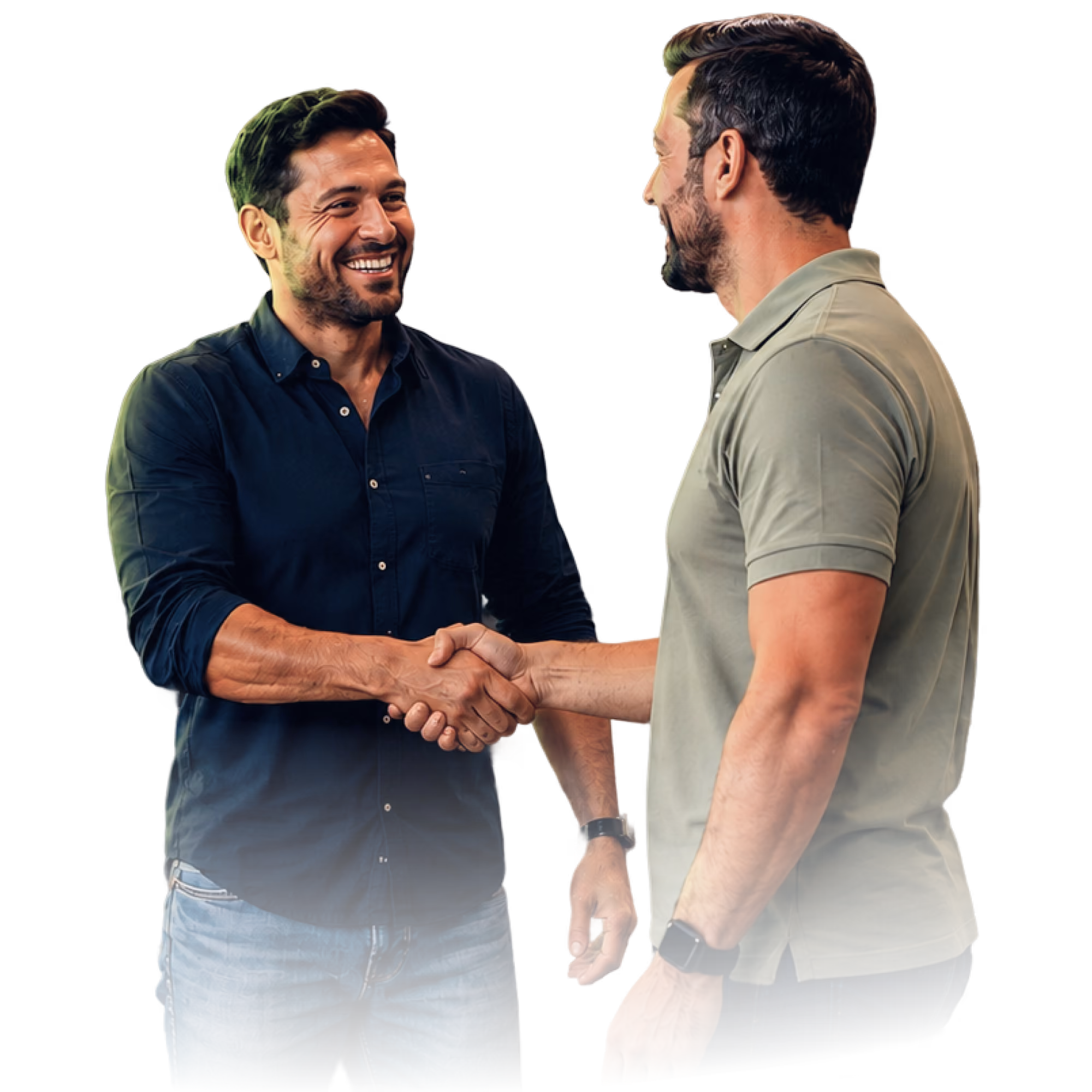 Dois homens adultos se cumprimentando com um aperto de mão. O homem à esquerda sorri amplamente, vestindo uma camisa social azul escura. O homem à direita está de costas para o observador, usando uma camisa polo verde oliva. O fundo é branco.