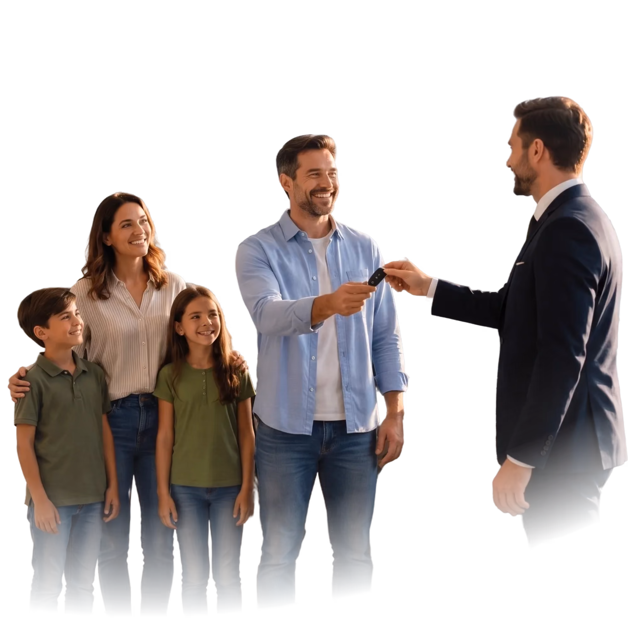 Família feliz recebendo a chave do carro de um vendedor em uma concessionária