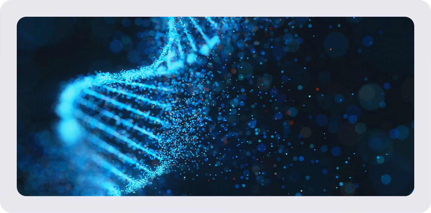 close up DNA strand light particles blue shades
