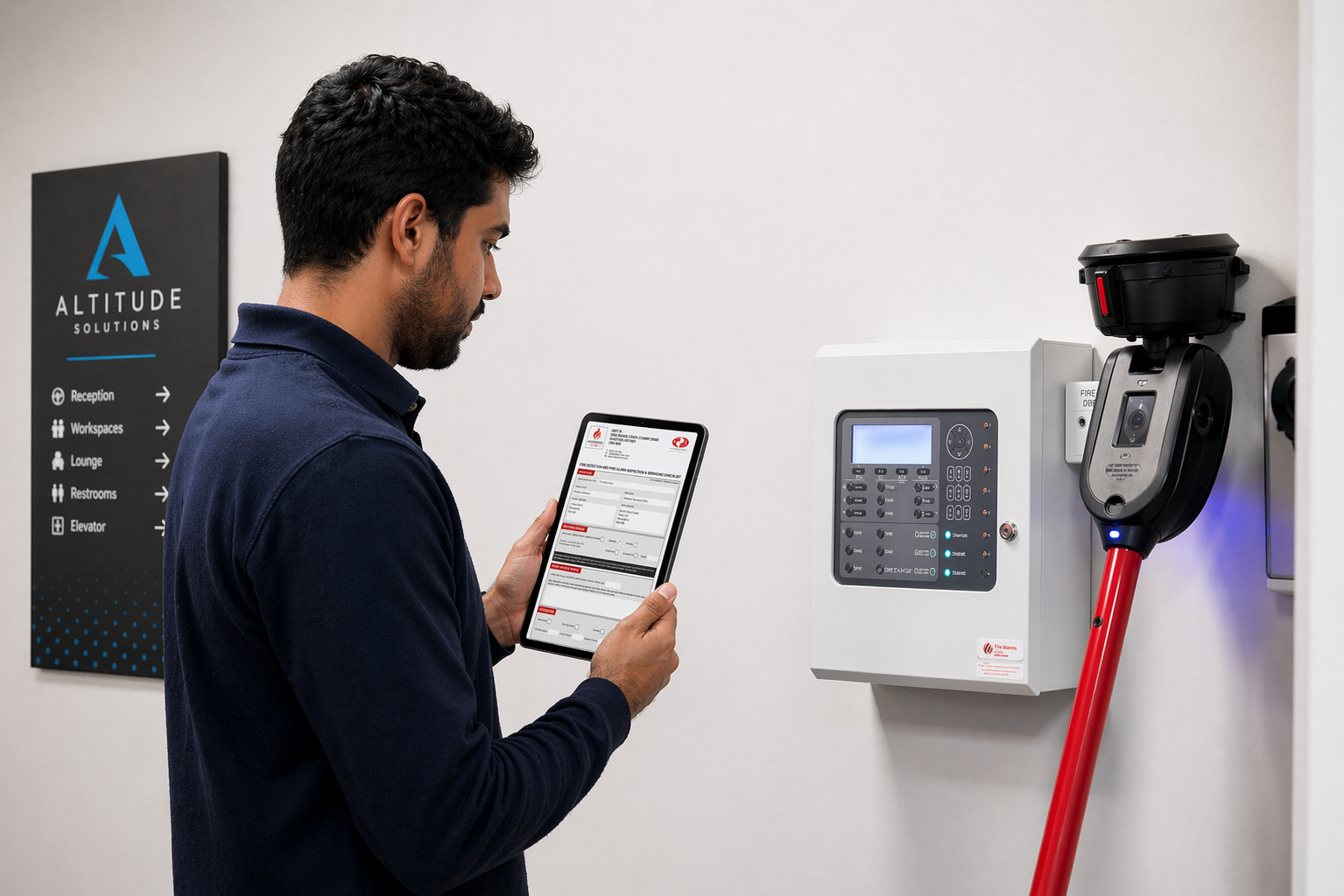 Engineer reviewing fire alarm panel inspection report on tablet