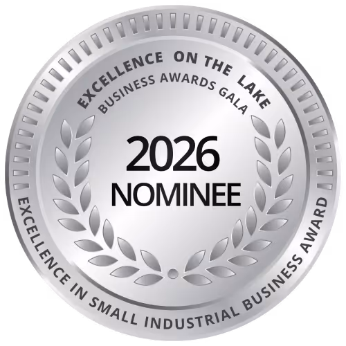 Silver award badge reading 2026 Nominee for Excellence on the Lake Small Industrial Business.