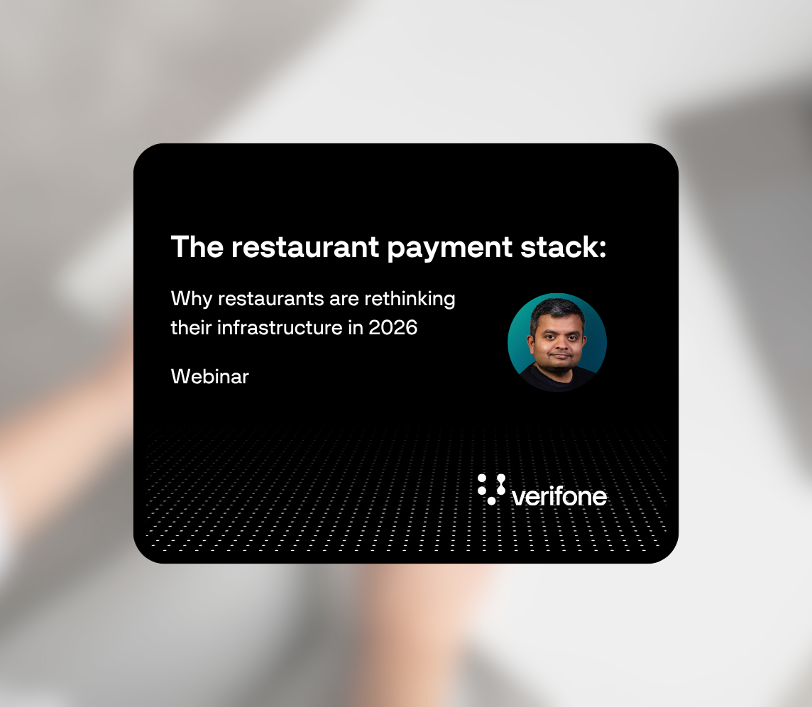 Webinar announcement titled 'The restaurant payment stack: Why restaurants are rethinking their infrastructure in 2026' featuring a man’s headshot and the Verifone logo.