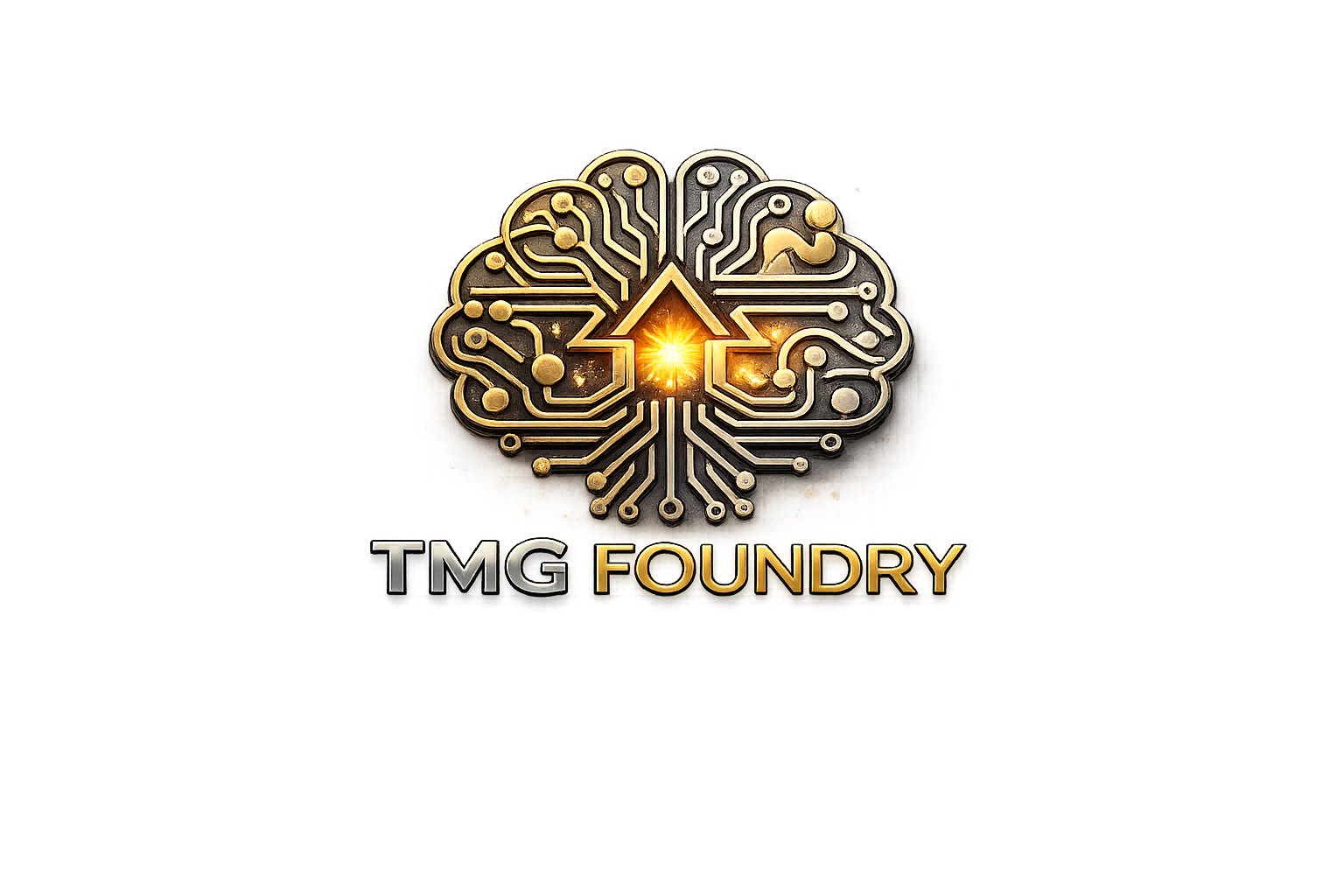 TMG Foundry logo with glowing brain emblem