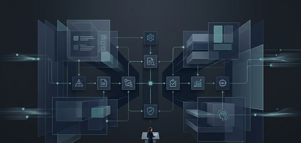 Diagram of the connected intelligence architecture linking business systems, governance, and AI-assisted execution